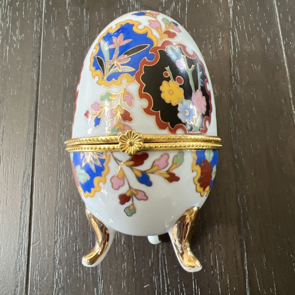 Decorative Egg Trinket HINGED Keepsake BOX Porcelain Gold Footed Geometric Asian